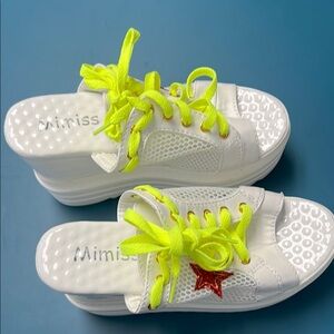 Mimiss- White and Neon Yellow Platform Sandals. New.